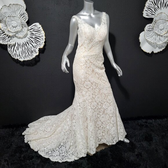 NWT~$1450~ELLA ROSA~10/12~IVORY NUDE FLORAL LACE FIT & FLARE WEDDING DRESS GOWN - Picture 8 of 16